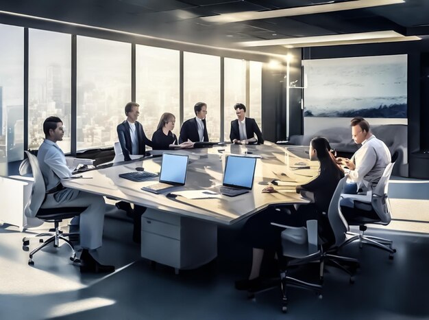 Foto un rendering 3d realistico di una stanza d'ufficio aziendale con una grande scrivania e un gruppo di persone
