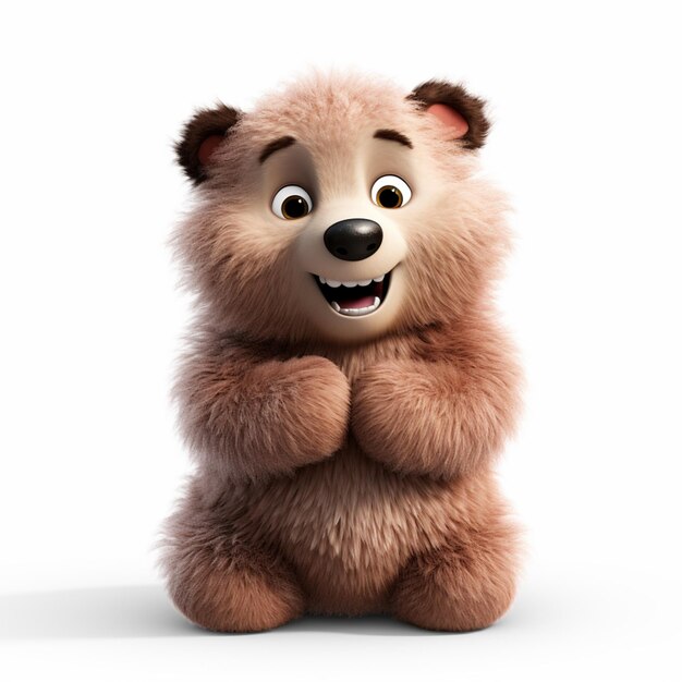 Realistic 3D rendering of a happy furry fluffy baby bear smiling