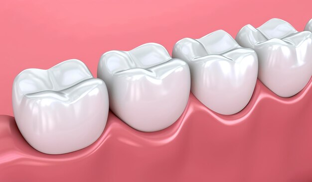 Photo realistic 3d rendering of healthy teeth on pink background