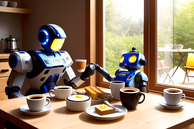 Realistic 3D robots eat in the kitchen Visualization of a robot assistant in everyday life