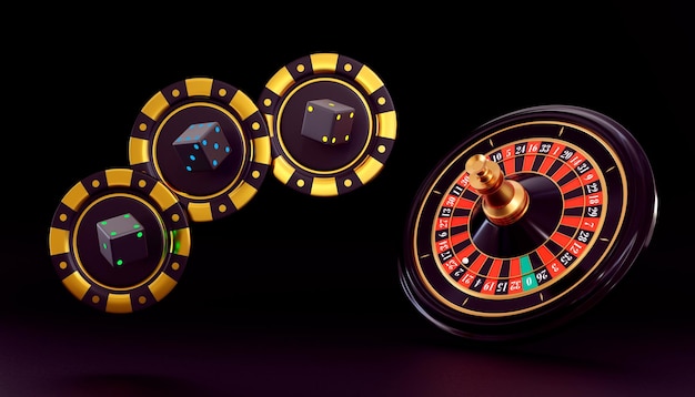 Realistic 3d roulette wheel on purpur background casino\
roulette table chips and playing dice