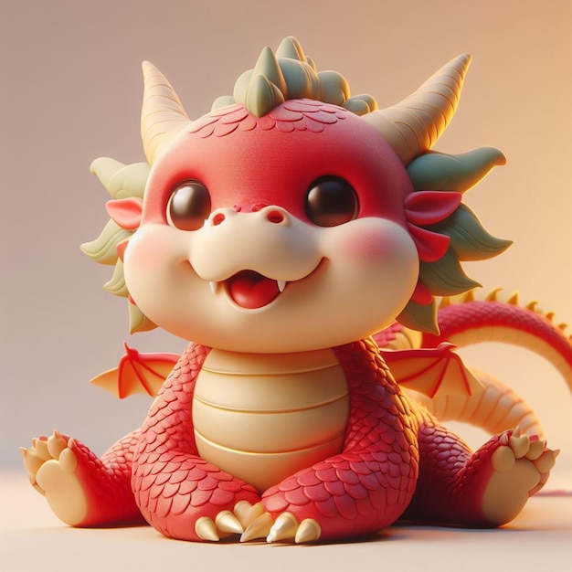 a Realistic 3D Scene of Cute Smiling Dragon Red Gold and Green Colors