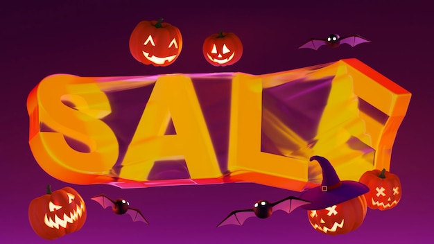 Realistic 3D text sale in plastic wrap surrounded by Halloween decorations