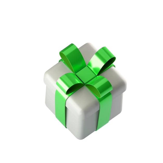 Realistic 3d white gift box with green glossy ribbon bow