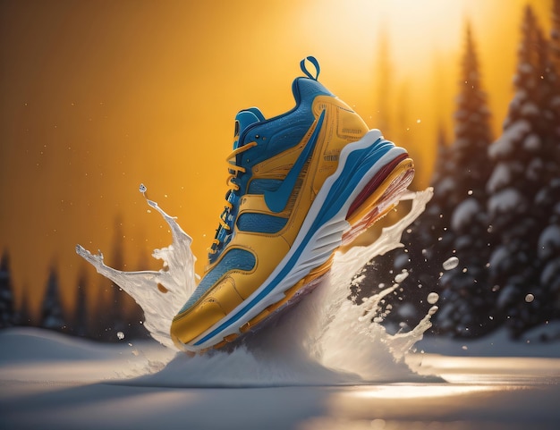 Realistic 3d yellow blue sneaker shoes with snow splash