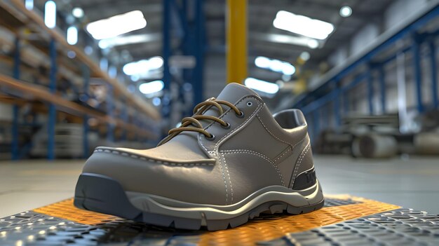 Photo realistic 8k highdefinition image of safety work shoe on factory floor ai generated