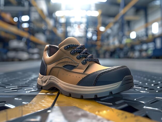 Photo realistic 8k highdefinition image of safety work shoe on factory floor ai generated