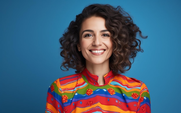 Realistic 8K Portrait Photography of woman on blue background