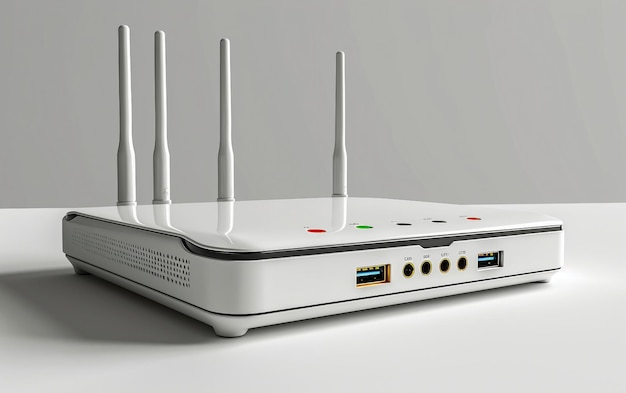 Foto realistico router wireless 8k in azione su sfondo bianco