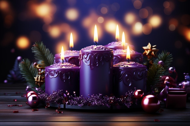 Realistic advent purple candles background