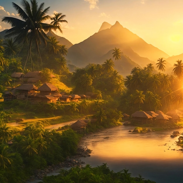 Realistic AI nature image with some hut beside river and coconut trees generated with AI