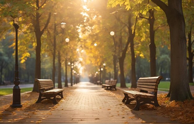 Photo realistic alley in city park with benches and light lanterns autumn season generative by ai