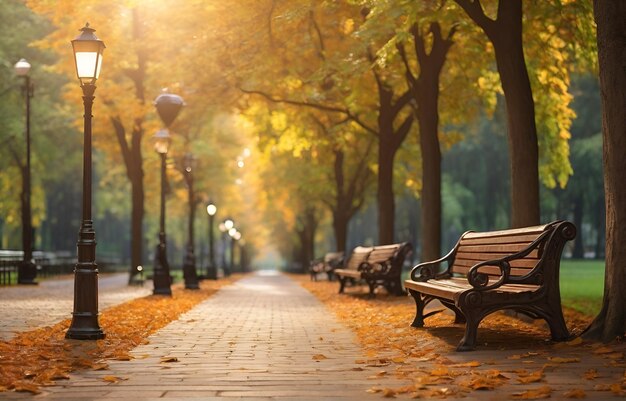 Realistic alley in city park with benches and light lanterns autumn season generative by Ai