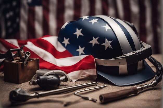 Realistic american flag and tools for working on labour day