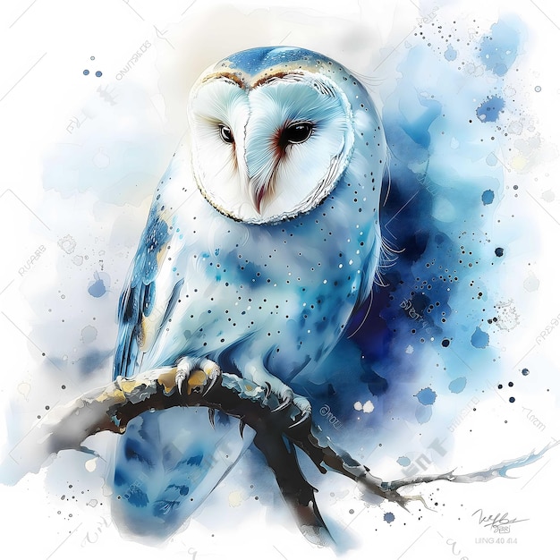 Realistic Animal Portraits White Blue Owl Watercolor Painting