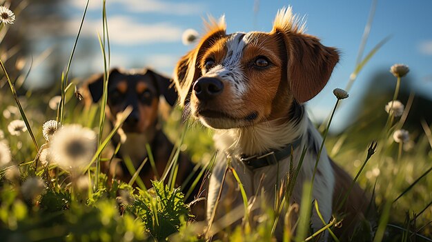 Photo realistic ant view two dogs on green grass