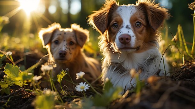 リアルなアリは緑の草の上に 2 匹の犬を表示します