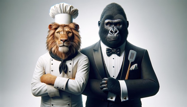 A realistic anthropomorphic gorilla in a tuxedo and a lion character dressed as a chef AI generated