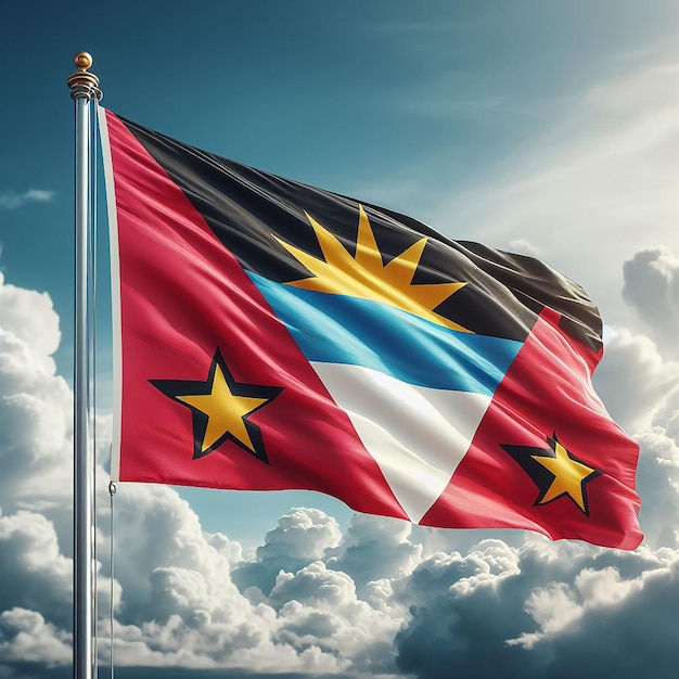 Realistic Antigua and Barbuda Flag on flag pole waving in the wind against white clouds