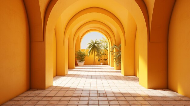 Realistic arched corridor with yellow brick walls
