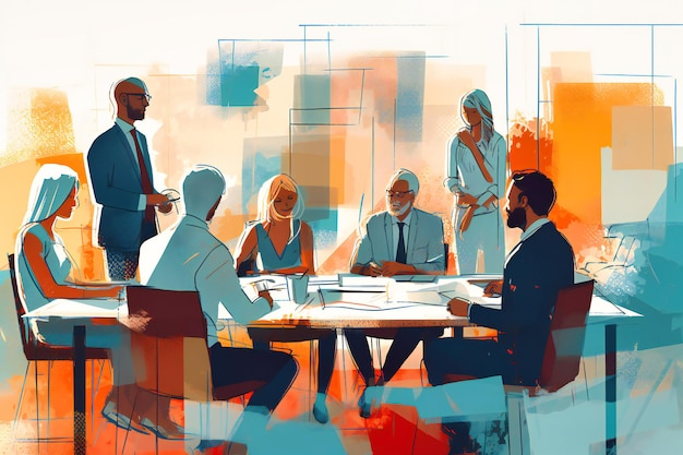 Realistic artwork of professionals discussing a project in a meeting room