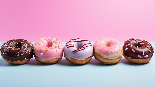ピンクの背景に現実的なドーナツの盛り合わせ
