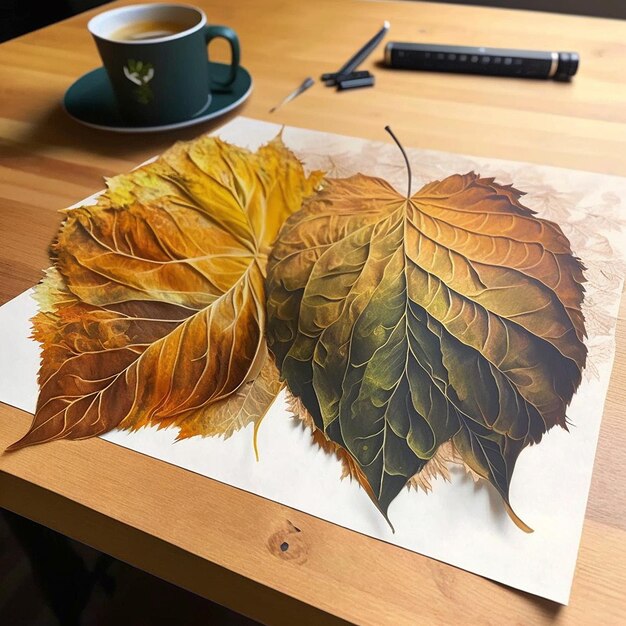 Realistic autumn red dry maple leaves drying on table AI Generated Image