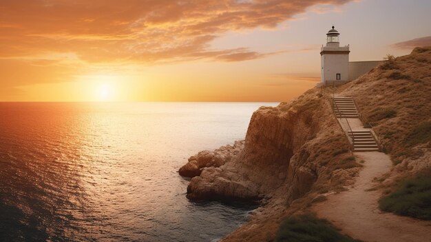 Realistic awesome lighthouse sunrise landscape scene