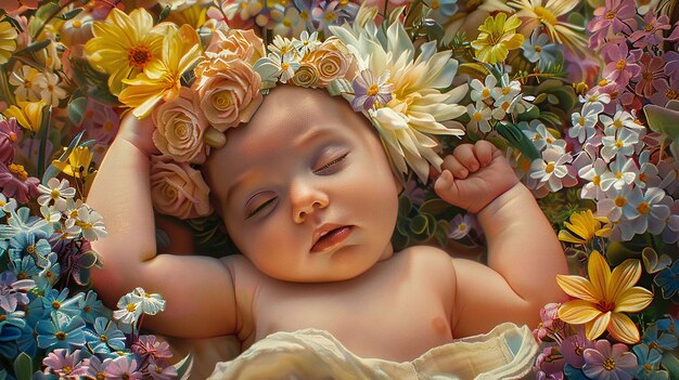 Photo realistic baby in flower bed