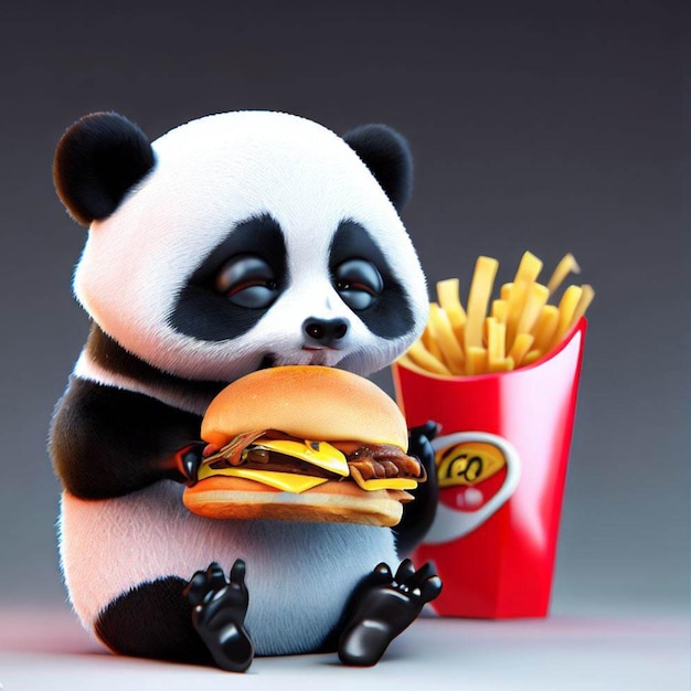 Foto bambino panda realistico che mangia hamburger e patatine fritte