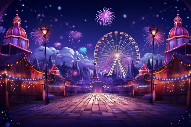 Realistic background of marquees and ferris wheels