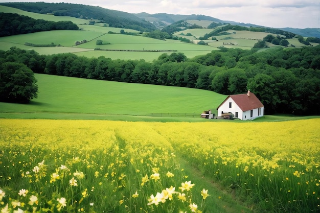 Realistic background with blooming fields on the hills and a farm house