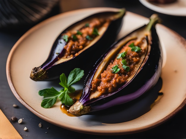 Realistic baked aubergine creates a cozy and detailed atmosphere in the neutraltoned restaurant with warm lighting no customers and a long shot view Generative AI Generated