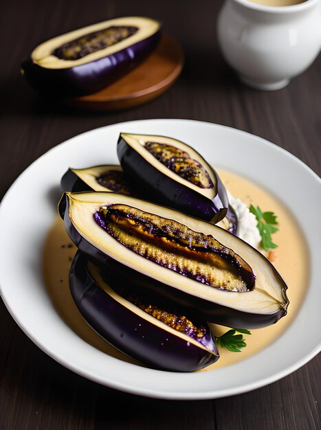 Realistic baked aubergine Neutral tones warm lighting intricate details Cozy atmosphere restaurant setting closeup shot no people Generative AI Generated