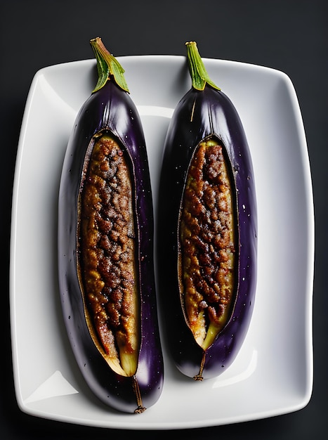 Photo realistic baked aubergine portrayed against a black background captured from a firstperson point of view with a clear and precise focus generative ai generated