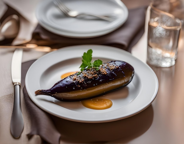 Realistic baked aubergine sets a cozy atmosphere in a neutral palette with warm lighting high detail closeup in a restaurant nobody Generative AI Generated