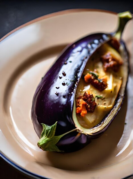 Realistic baked aubergine with warm lighting highly detailed cozy atmosphere in a neutral color palette medium shot at a restaurant Nobody present Generative AI Generated