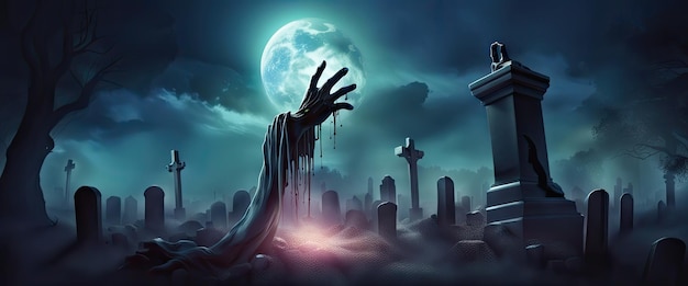 Realistic banner zombie hand rising out of a graveyard at night with full moon