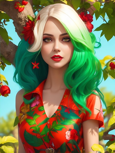 Photo realistic barbie summer trendy outfit with multicolor hair in green tree background 8k