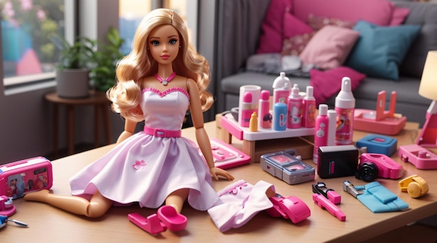 Realistic barbie toys on table