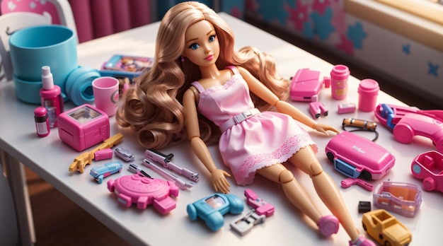 Realistic barbie toys on table