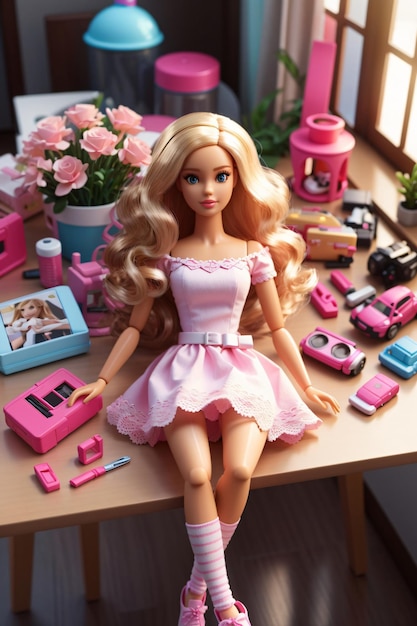 Realistic barbie toys on table