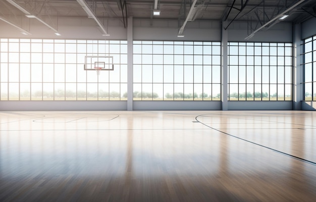 realistic basketball court inside of a fieldhouse with windows at the court level with gray tones with wheat field in background
