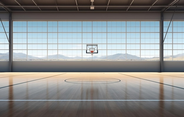 麦畑を背景にグレーの色調で、コートレベルに窓のあるフィールドハウス内の現実的なバスケットボールコート