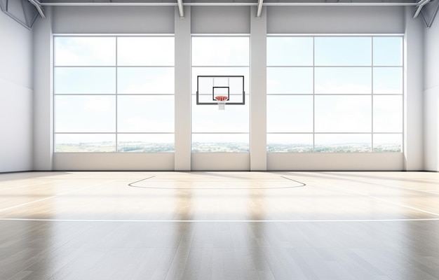 realistic basketball court inside of a fieldhouse with windows at the court level with gray tones with wheat field in background