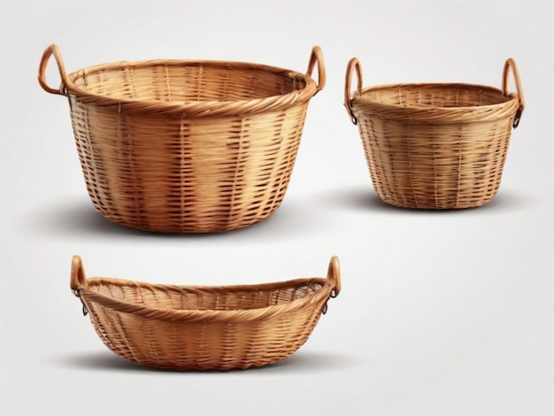 Realistic baskets in isolation on a white background Side and top view Wicker picnic baskets East