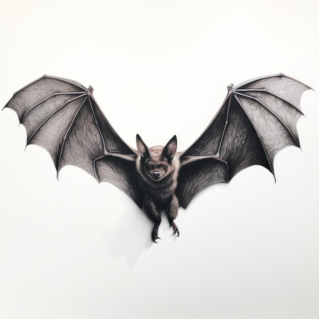 Realistic Bat Portrait On White Wall Detailed Miniature Art