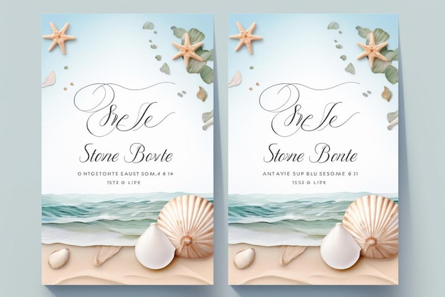 realistic beach wave and seashells vector summer themed invite card templates with mollusk shells