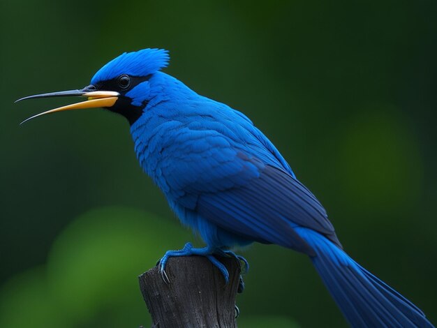 Realistic beautiful Blue bird of paradise bird on the brunch of tree Forest Background Ai generated