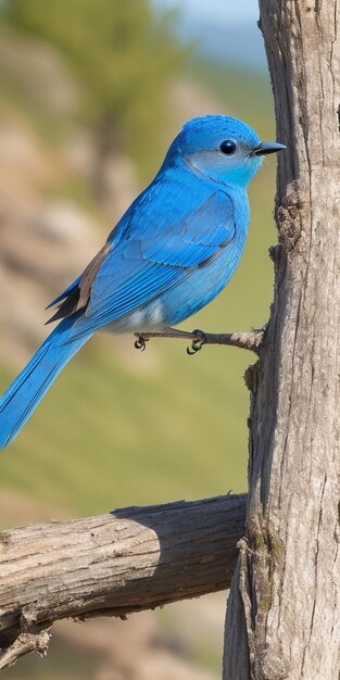 Realistic beautiful Mountain bluebird on the brunch of tree Forest Background Ai generated